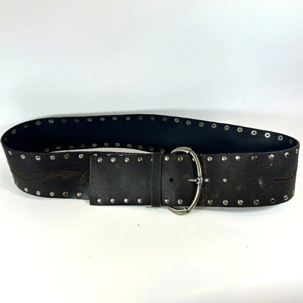 Steve Madden Brown Leather XL Studded Embroidered Belt Renaissance Fairy